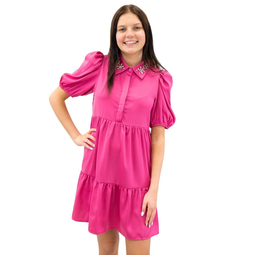TCEC Pink Rhinestone Collar Shirt Dress Jeweled Glam Puff Sleeve Button Front M